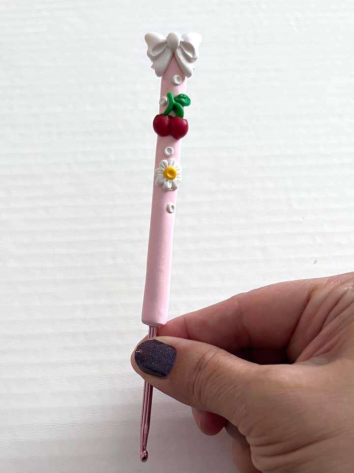 Crochet Hook with Handmade Polymer Clay Handle Cherry Bow for wholesale by Soft Lavender