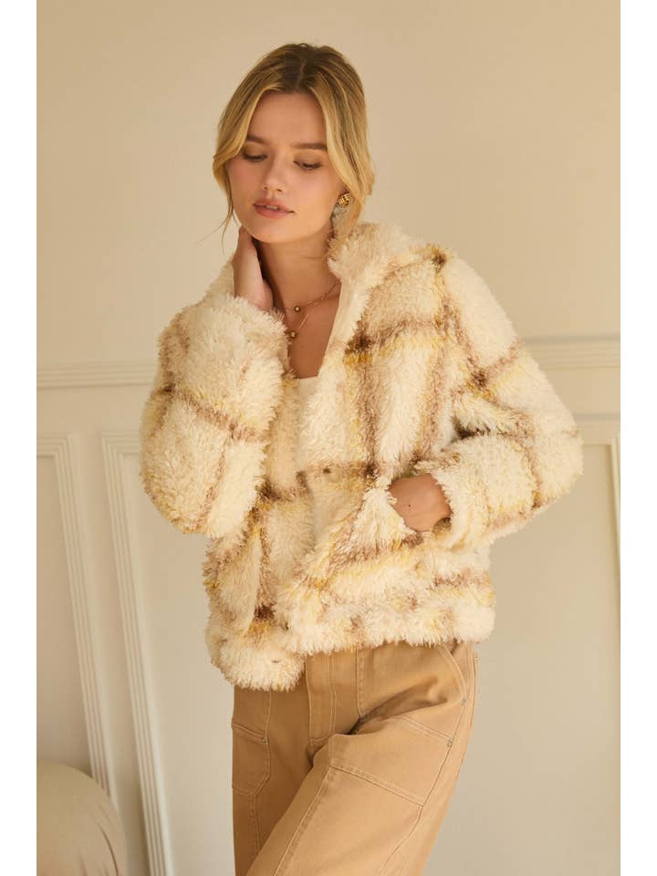 Cream Yellow Faux Sherpa Plaid Button Down Shirt Jacket for wholesale on Faire