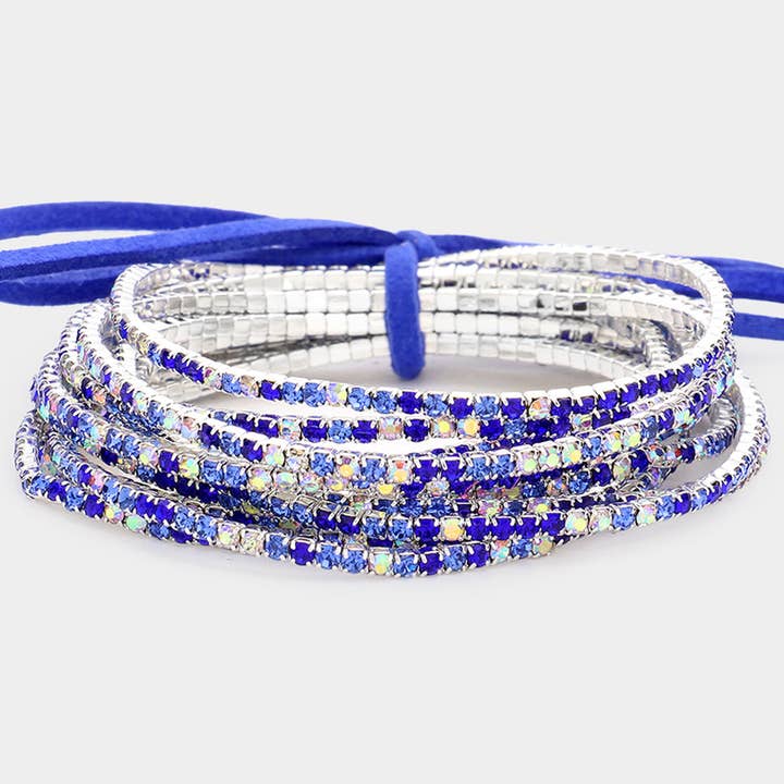Sensibling Corp. - Wholesale Tennis Bracelet - 12PCS - Ribbon Colorful Rhinestone Layered Stretch Bracelets