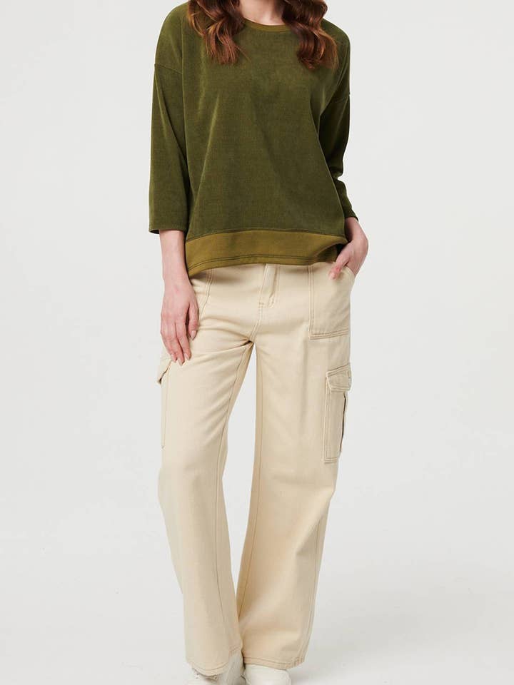 Contrastbies Afgewerkt Relaxed 3/4 Mouw Top voor wholesale door Stellalondon