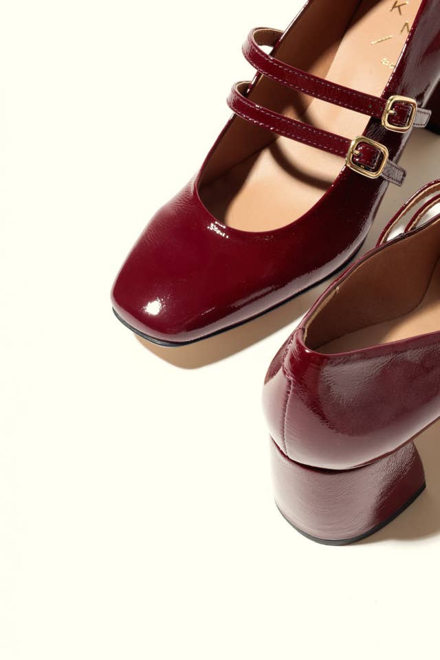KMB Shoes - Wholesale Low Heels - Women's - MAITE BURGUNDY – Heeled Double Strap Mary Jane Shoes1