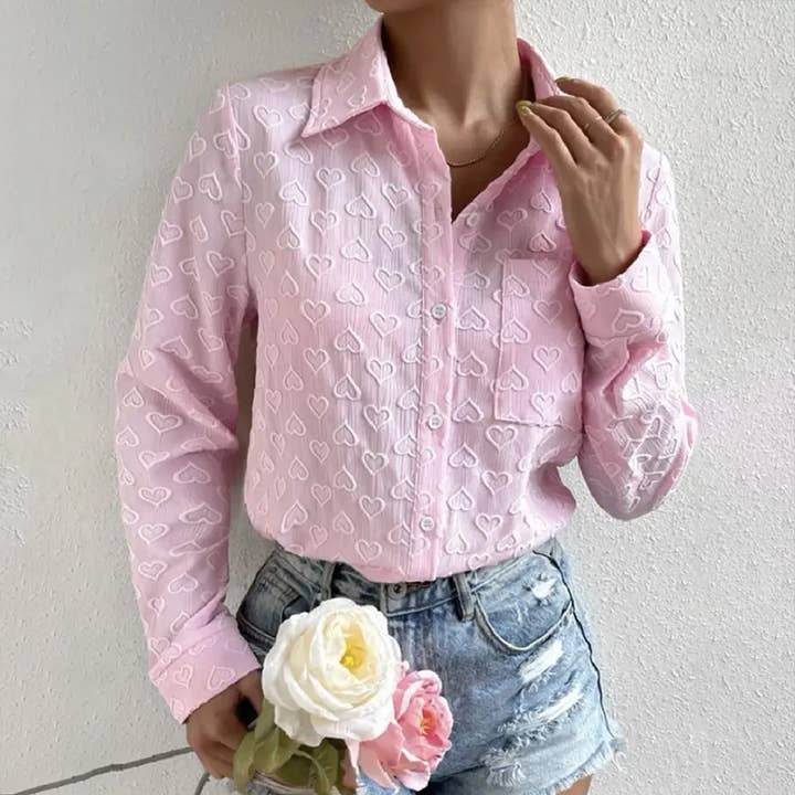 WOMEN HEART STITCHED BUTTON UP CUTE SHIRT_CWTSTL0283 for wholesale by Lily Clothing