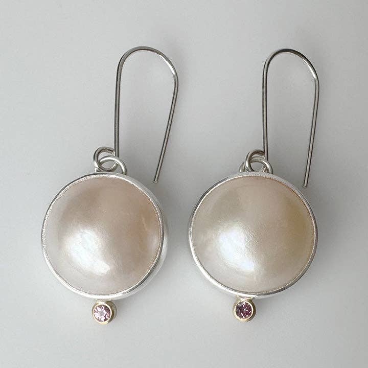 Luna Earrings White Pearls with Pink Sapphires for wholesale by McKenzie Mendel Jewelry