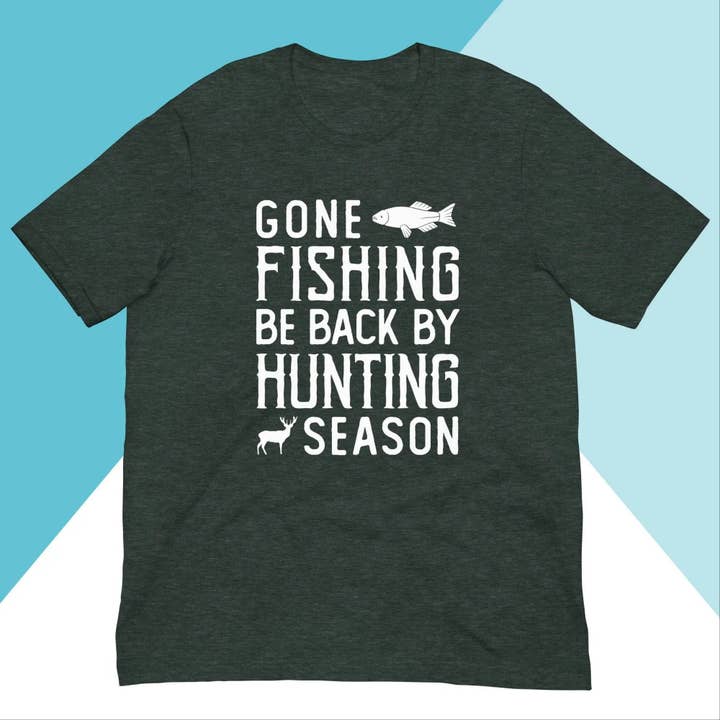 Taget på fisketur, tilbage til jagtsæsonen unisex t-shirt for engroshandel hos North Owl Apparel