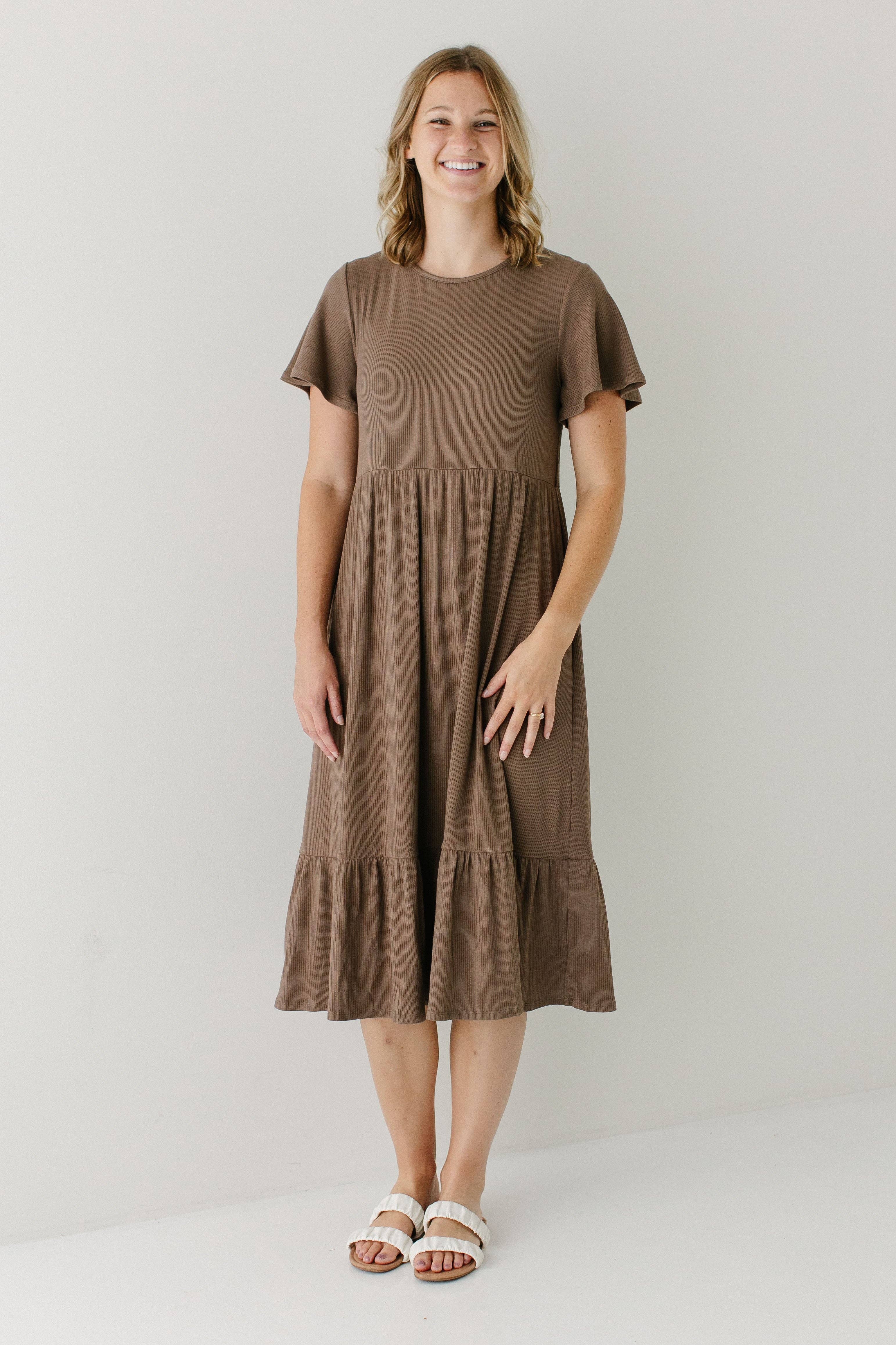 'Shiloh' Ribbed Tiered Midi Dress in Mocha FINAL SALE for wholesale on Faire0