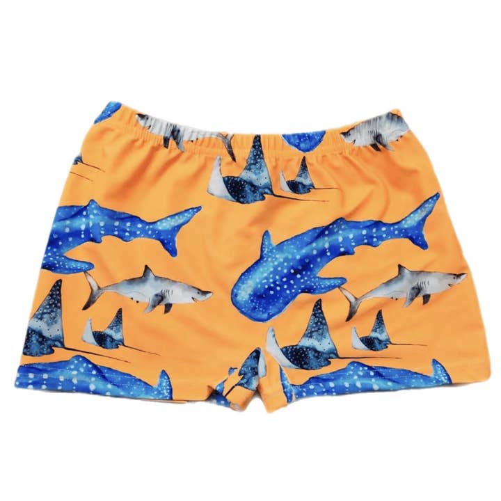 PREORDER Fluro Orange Sharks Swim Shorts (Ships w/c 10th Nov) for wholesale by Cheeky Chickadee