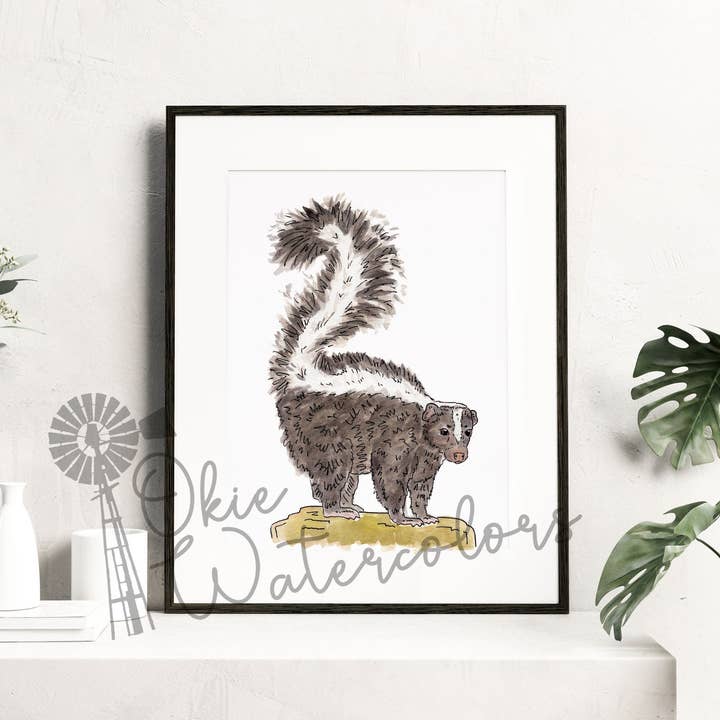 Poofy Skunk Watercolor Painting Art Print, 8X10" Oklahoma Wildlife Watercolor Art, Striped Skunk Watercolor Painting, Watercolor Skunk Print for wholesale by Okie Watercolors