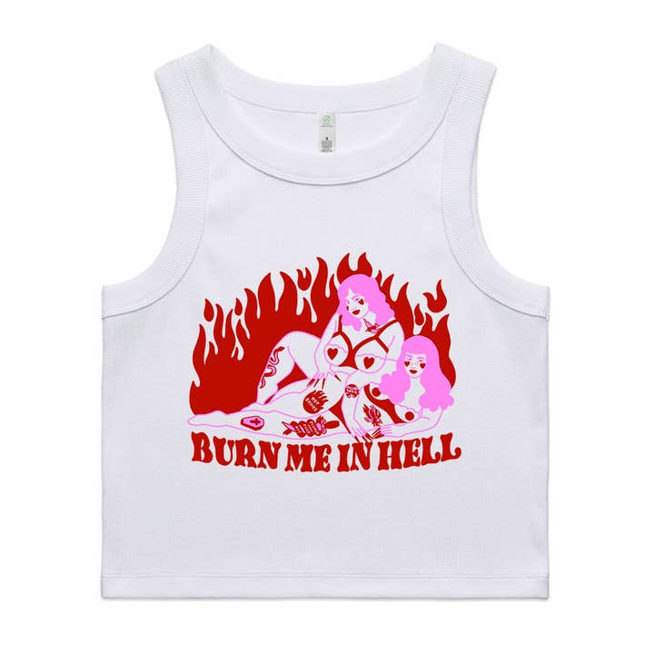 Brenn mich in der Hölle tätowierte Babes gekürztes Top - Weiß für den Großhandel von Lola Blackheart