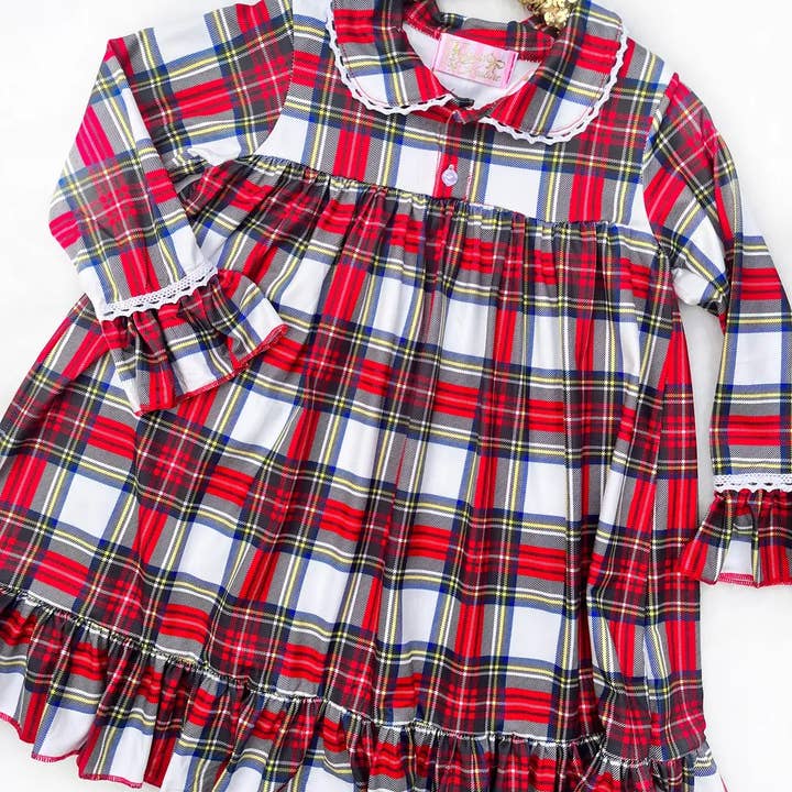 Christmas Girls Vintage Long Armed Night Gown - White Tartan for wholesale by Rufflеѕ & Bоwtіеѕ - Affordable Boys & Girls Clothing