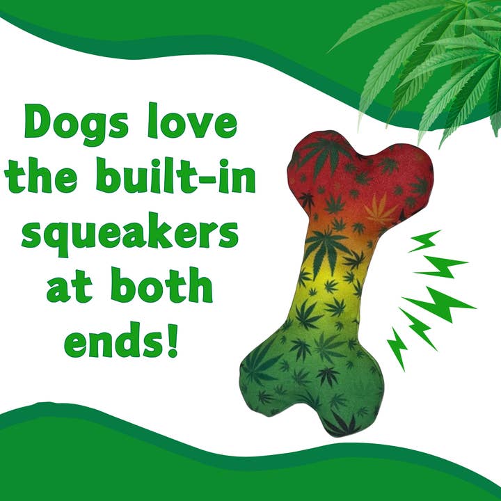 PAW:20 - Wholesale Pet Squeaky Toy - Dog - Stoned to da Bone, Rasta Weed Leaf Patten, 420 Bone Dog Toy4