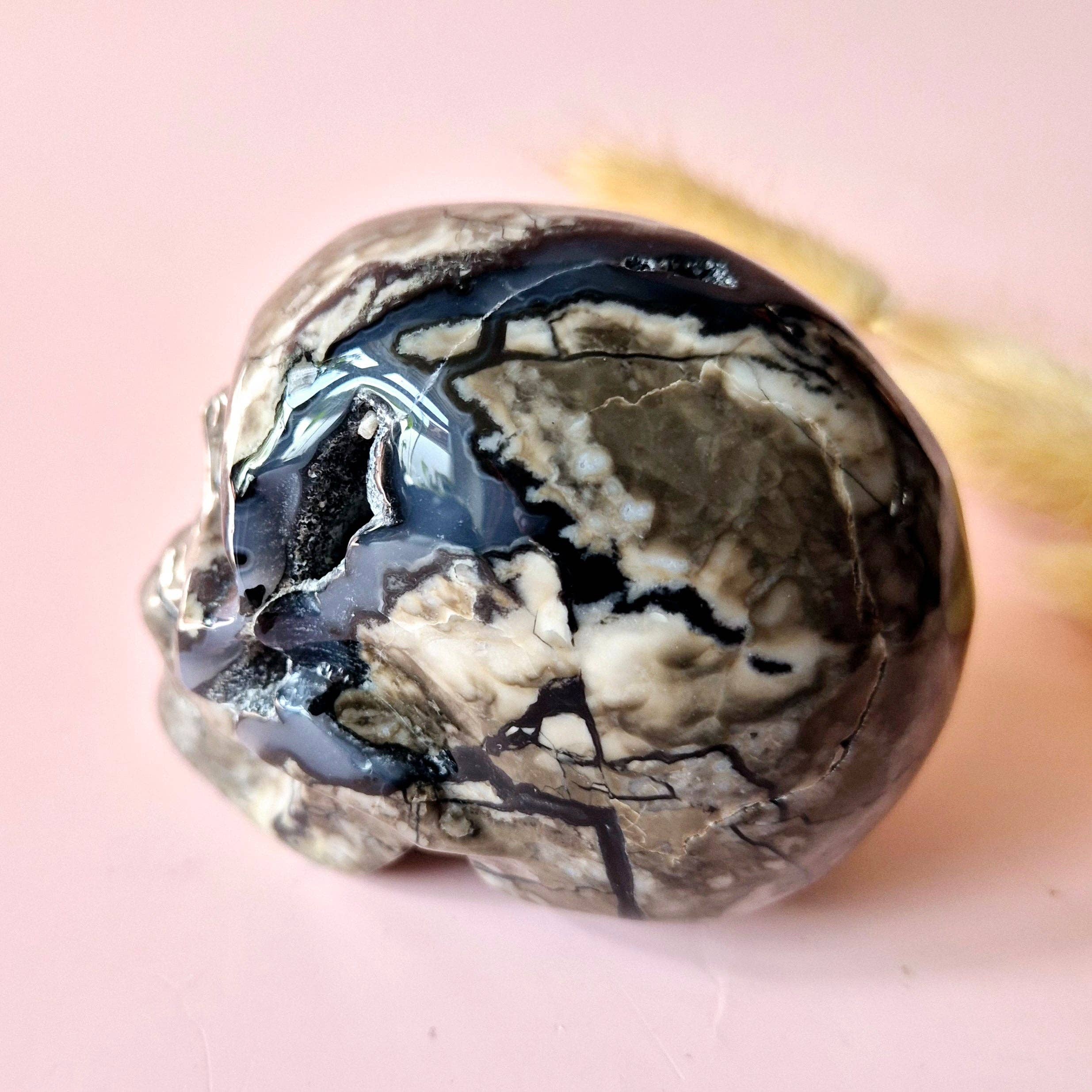 Moonlight Gemstones - Wholesale Spiritual Stone/Crystal - XL Gemstone Druzy Skull UV-reactive Volcano Agate Skull – #3 484 grams2