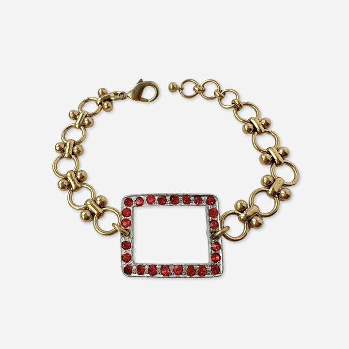 Refashioned vintage red rhinestone rectangle link bracelet for wholesale by Lulu’s Petals