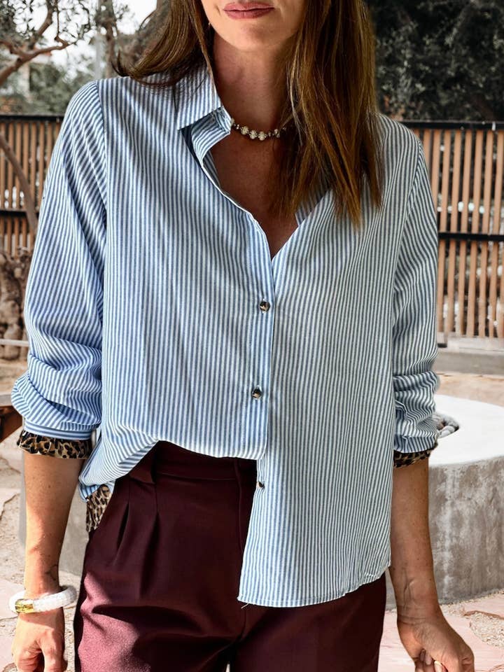bleu Chemise décontractée à volants avec contraste rayé et bordure léopard (S-XL) en vente sur Faire2