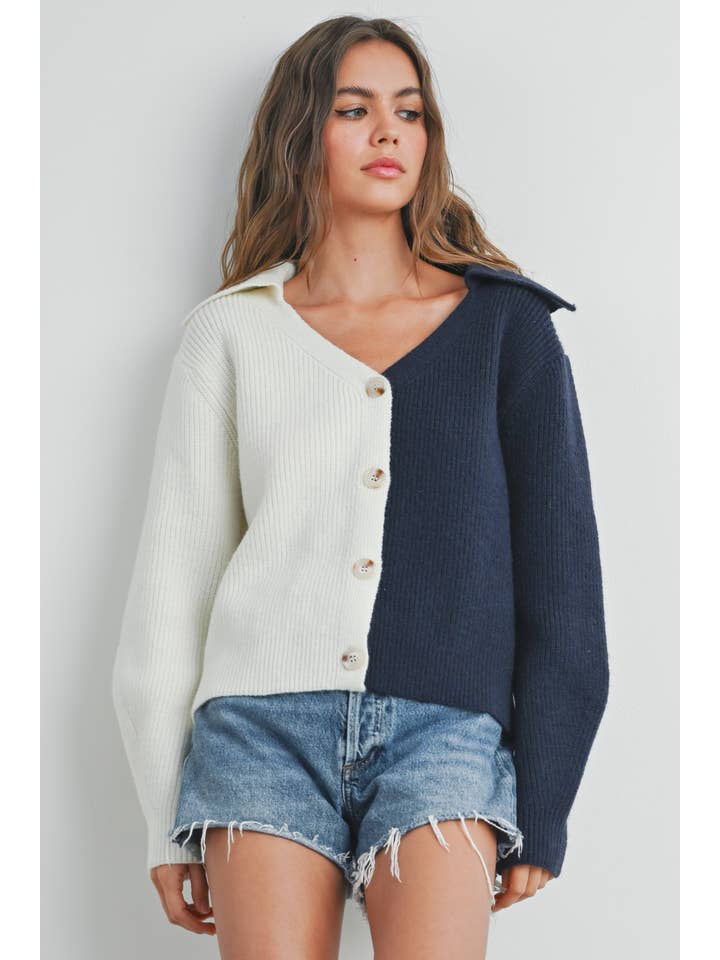 BUTTERMELON - Wholesale Cardigan - Women's - Two Tone V-Neck Cardigan - BMW7390