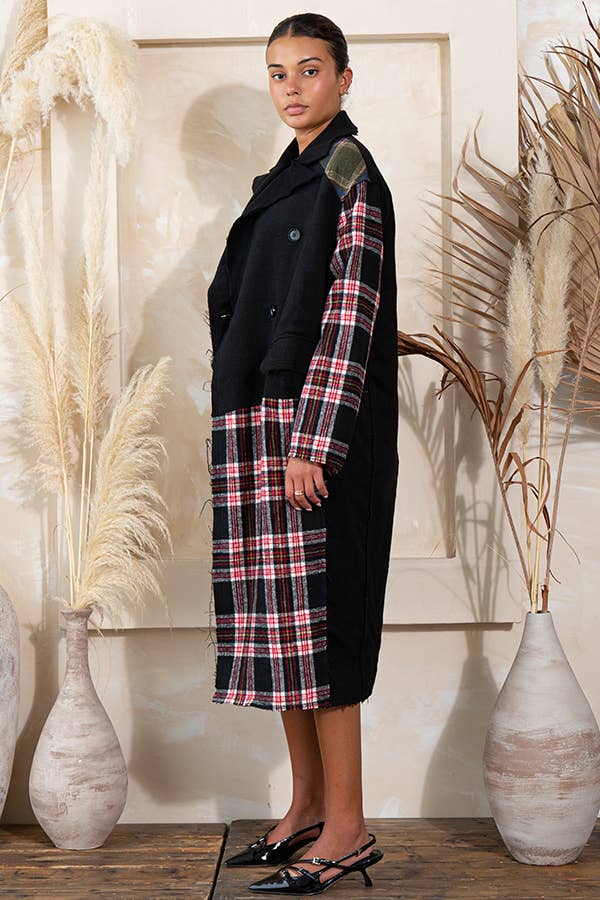 BLACK COMBO OVERSIZED PLAID COLOR BLOCK WOOL LIKE COAT for wholesale on Faire7