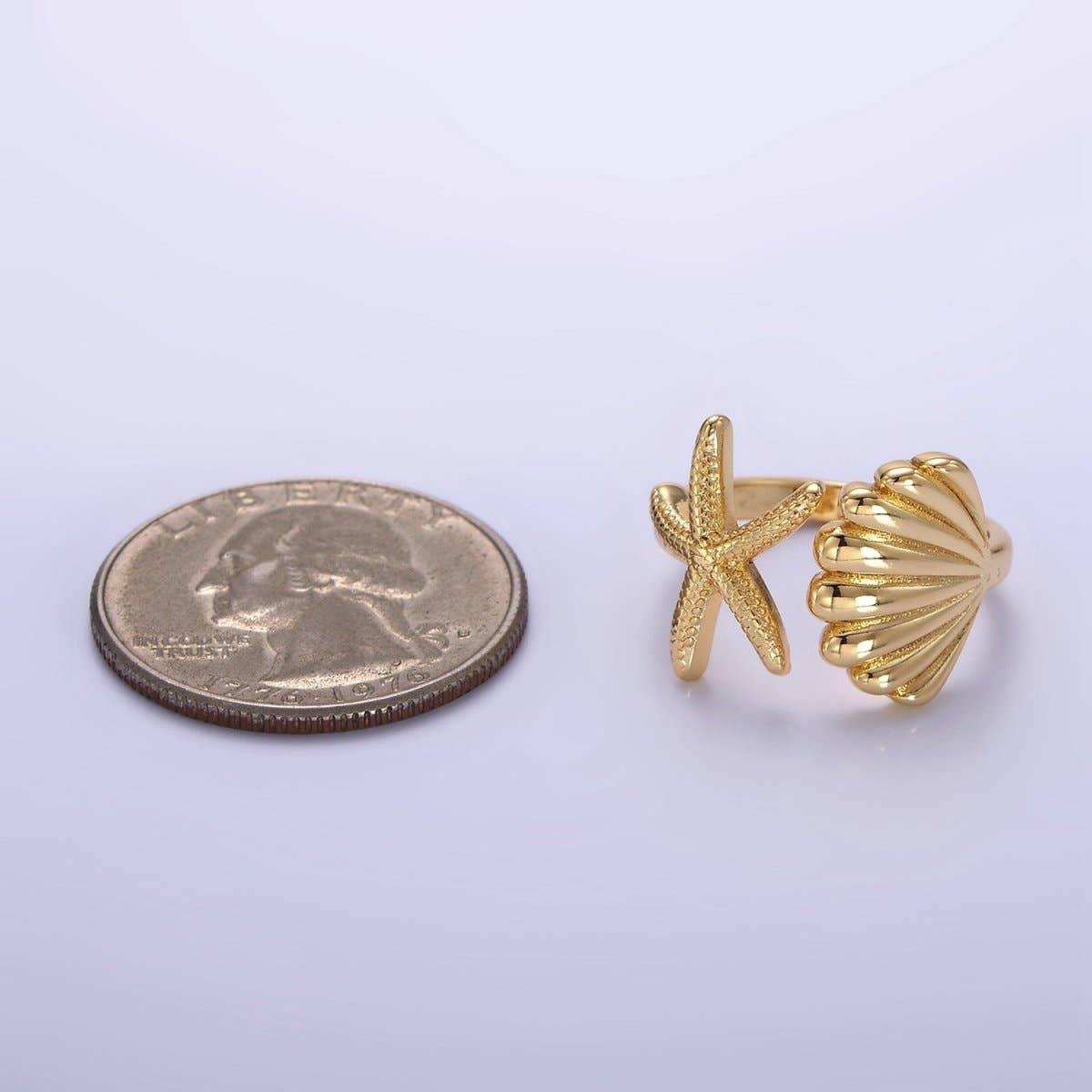 Aim Eternal - Wholesale Cocktail/Statement Ring - 14K Gold Filled Ocean Starfish Clam Sea Shell Open Wrap Ring in Gold & Silver | O3332