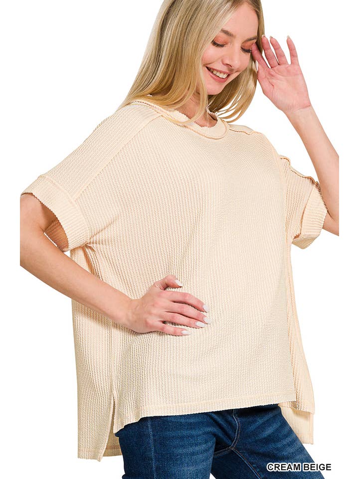 42POPS – wholesale Stickad topp - Dam – .Corded Rib Kortärmad Topp med Rå Kant17