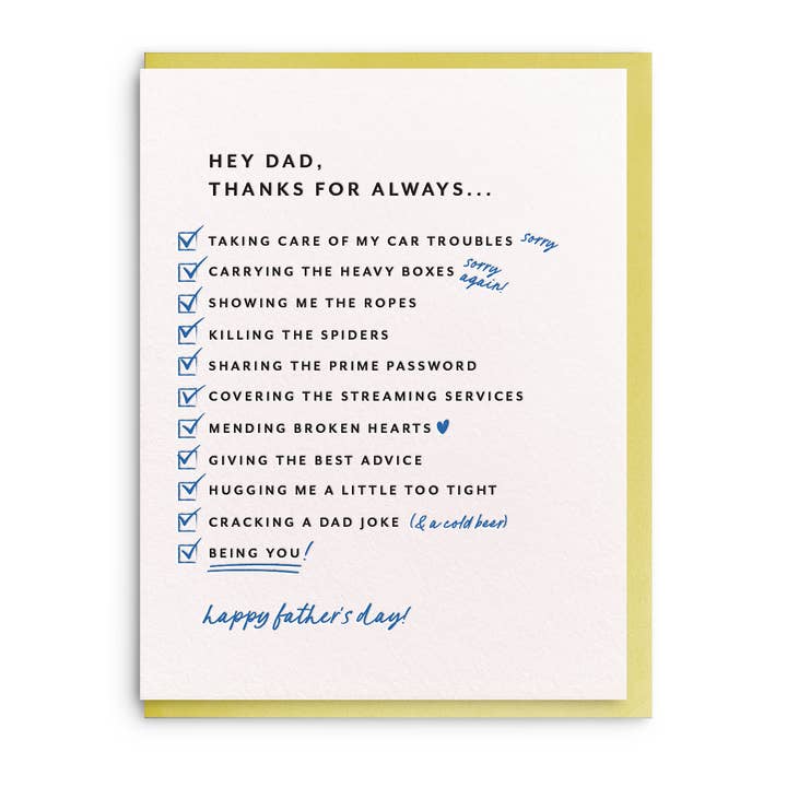 Dad List - Letterpress Father's Day Greeting Card for wholesale by Dahlia Press