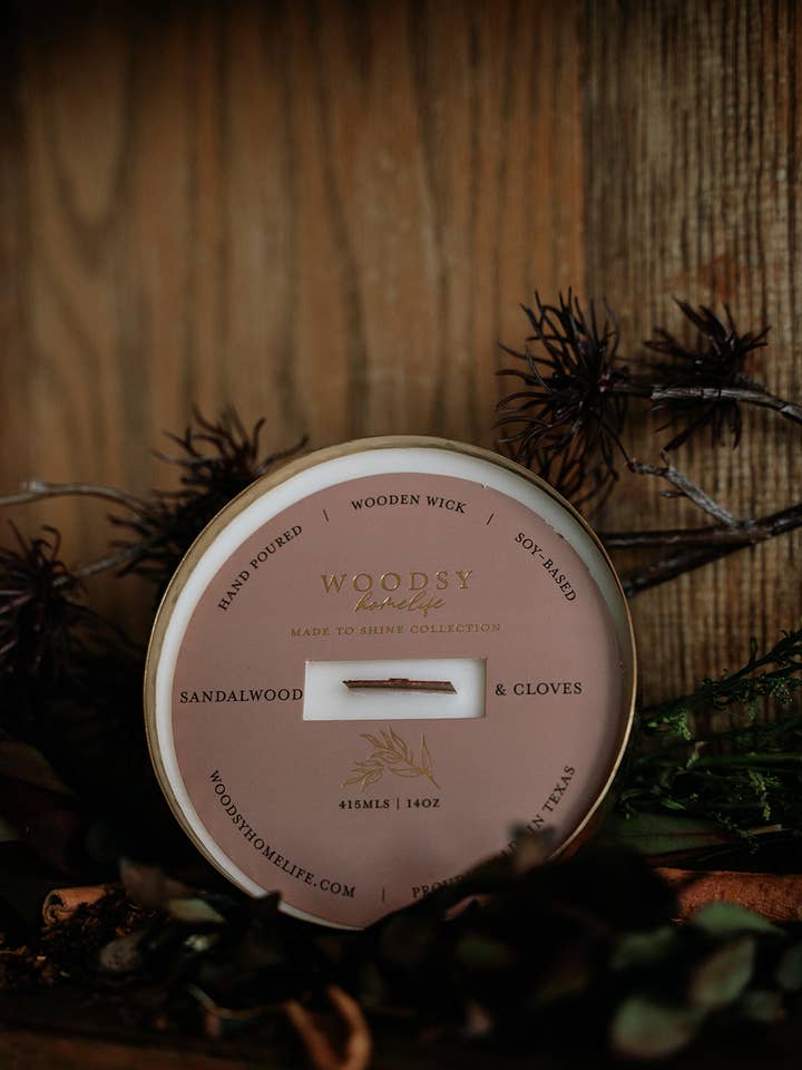 Sandalwood & Cloves-Solid Brass 14oz Pure Soy Candle for wholesale by Woodsy Homelife