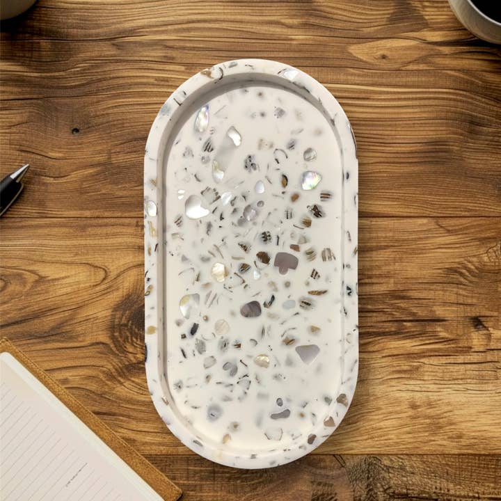 Handmade Jesmonite Oval Tray - White with Oyster Shells and other Purchase wholesale frozen pie shells. Free returns & net 60 terms on Faire trending on Faire.