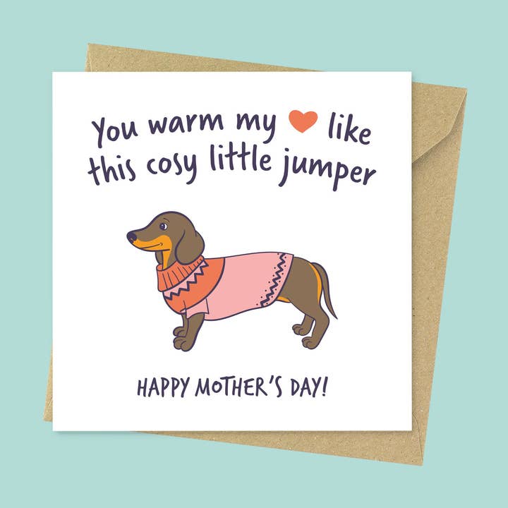 Warm My Heart, divertente biglietto per la festa della mamma con cagnolino a forma di salsiccia per la vendita all'ingrosso da parte di Goofy Guineas