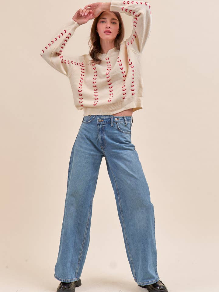 &MERCI - Wholesale Knit Sweater - Women's - EMBROIDERED LONG SLEEVE PULLOVER SWEATER MSW1117923