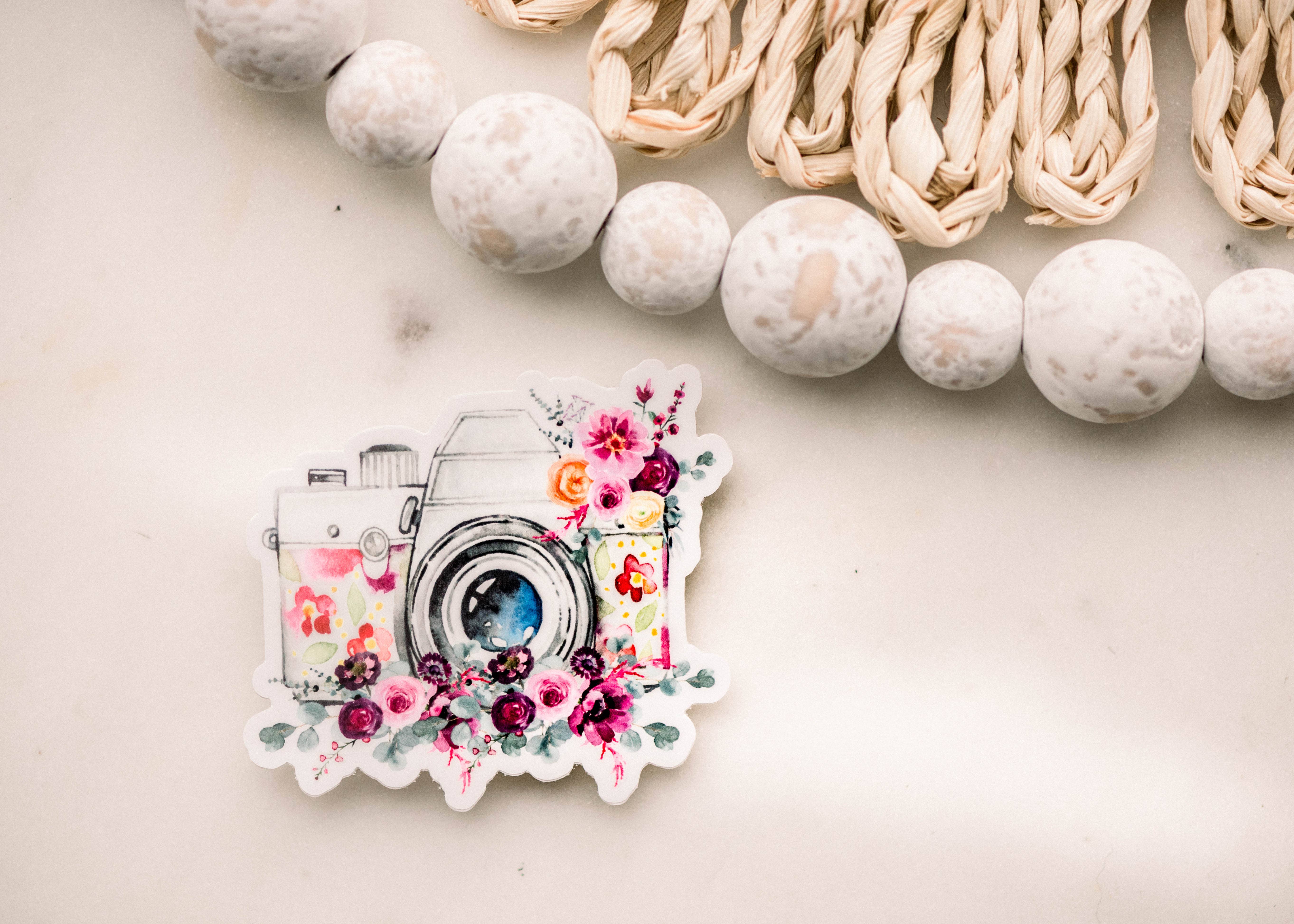 Savannah and James Co – wholesale Sticker – Floral Camera Vinyl Sticker, 3x3 in1