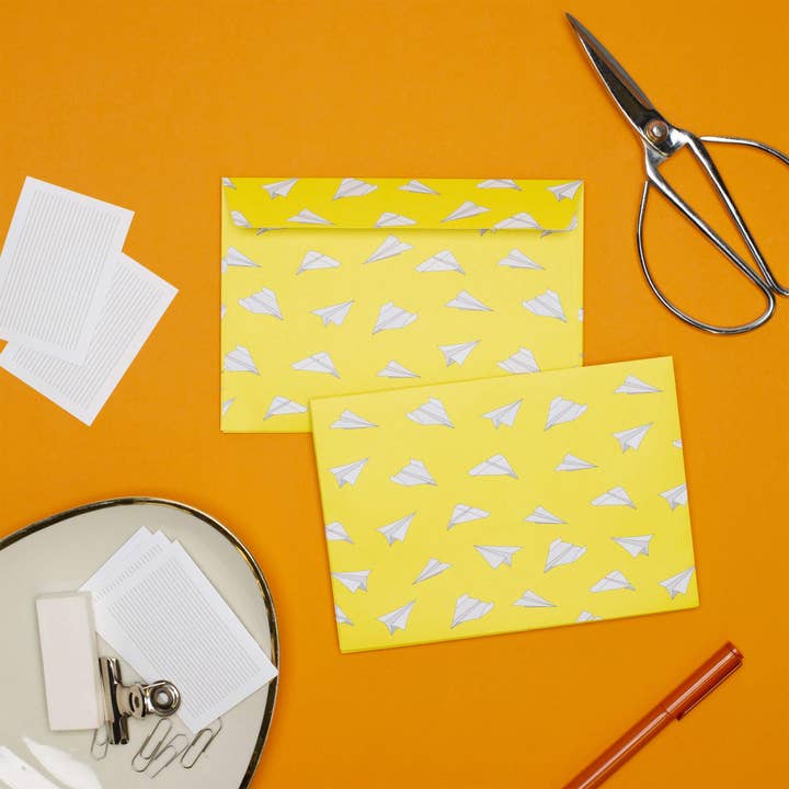 8 yellow paper airplane envelopes - C6 for wholesale by My Pretty Circus
