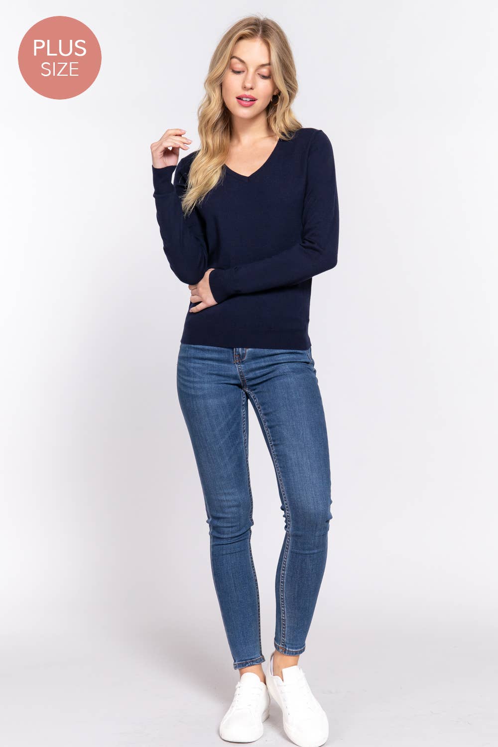 Active Basic | Active USA - Wholesale Knit Sweater - Women's - [PLUS SIZE] Long Sleeve V-neck Basic Sweater7