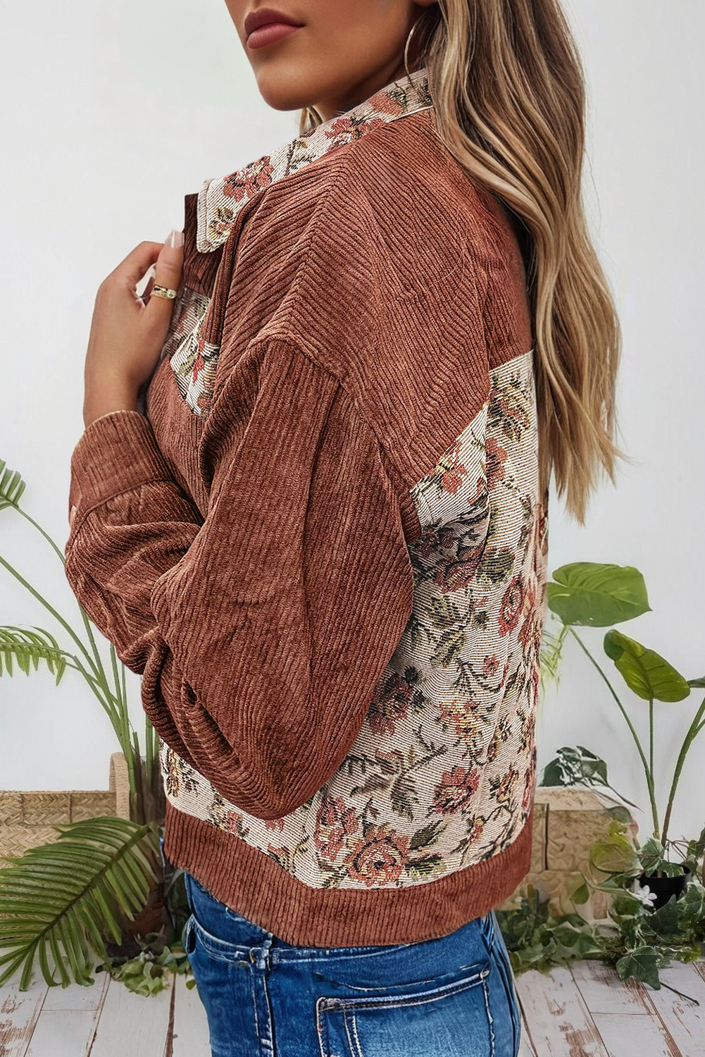 66DISCO - Vente Veste-chemise – femme - Veste style chemise à patchwork floral côtelé occidental (S-4X)5