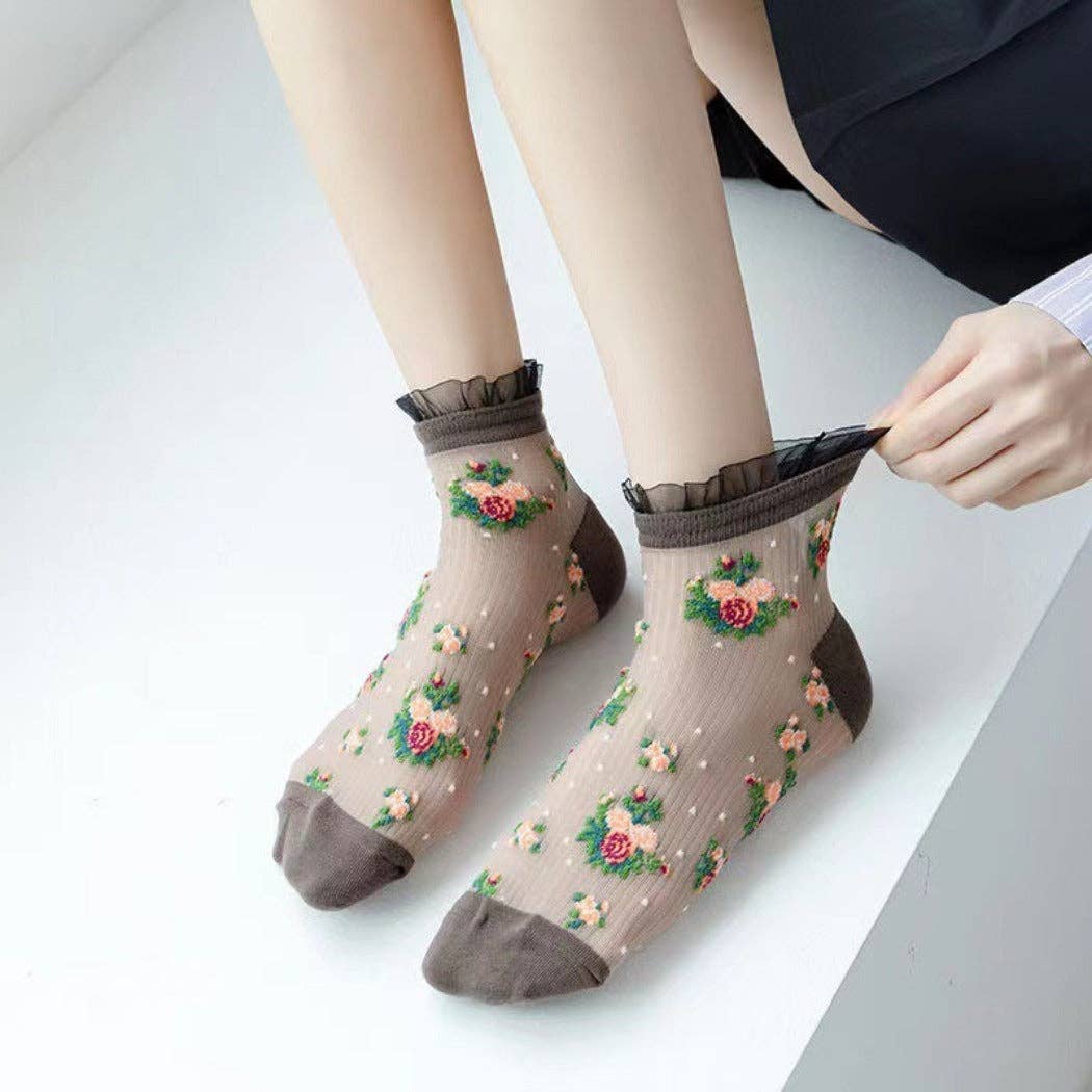 Funkyrel® Atzbranding Limited – Engroshandel Strømper - Dame – Rufia - Blonder Ankelstrømper med Blomster – 5 Farver5