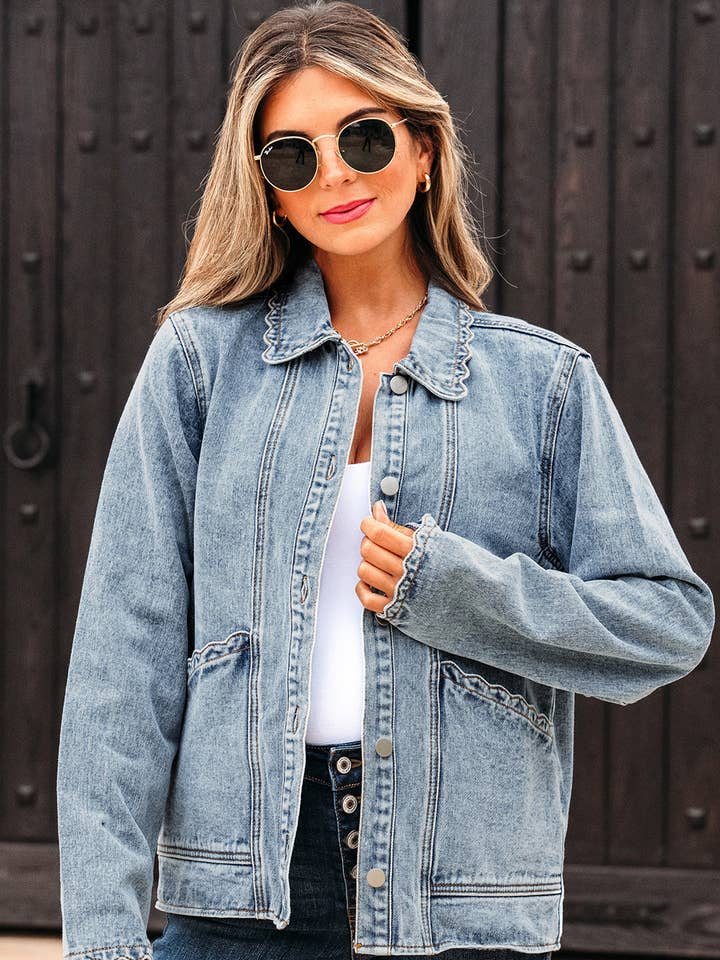 Brooklyn Scallop Trim Button Up Denim Jacket for wholesale by Poppy Lee Lane