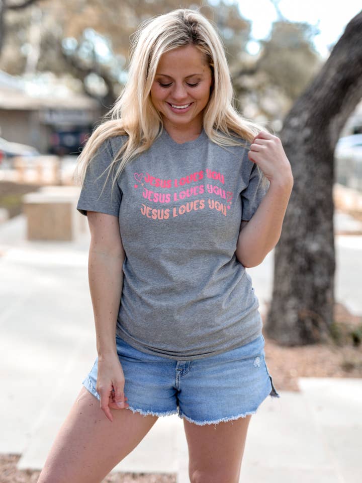 Jesus Loves You - Grey Heather SS Crew for wholesale by Jadelynn Brooke