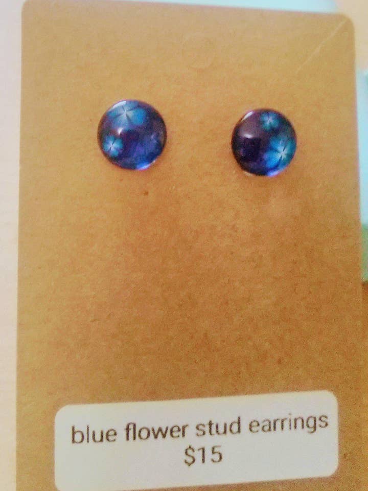 Blue flower stud earrings for wholesale by Lynn's handmade jewelry