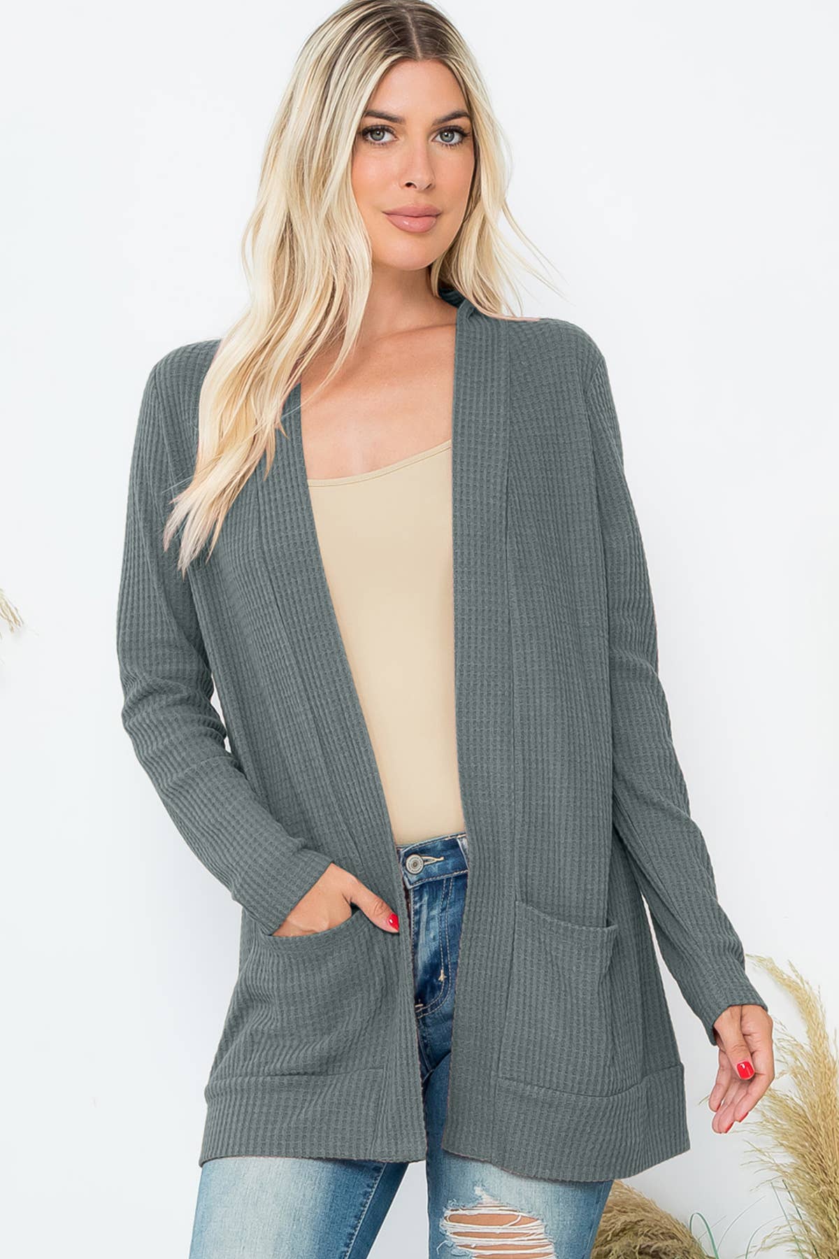 You & Me – Großhandel Strickjacke – Damen – GEBÜRSTETER WAFFEL LANGARM SEITENTASCHEN OFFENE FRONT STRICKJACKE25