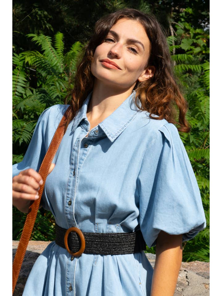 Blue Viviane Soft Wash Denim Shirt Dress Short Sleeve for wholesale on Faire