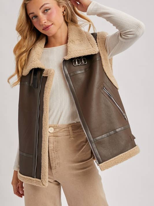 Faux Leather Inner Faux Shearling Aviator Vest for wholesale by Pink Irene Wholesale
