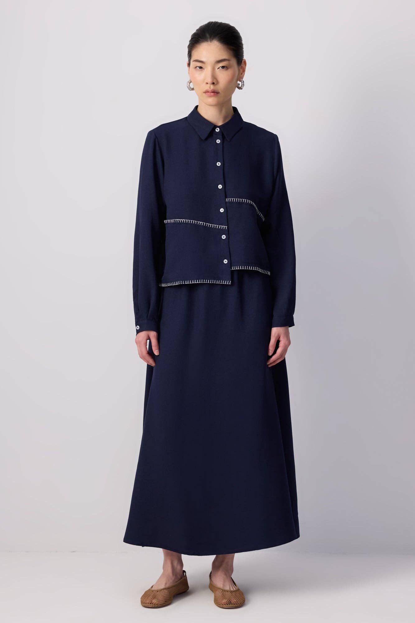 Navy Blue MODEST SHIRT & MAXI SKIRT SET WITH CONTRAST STITCHING for wholesale on Faire0