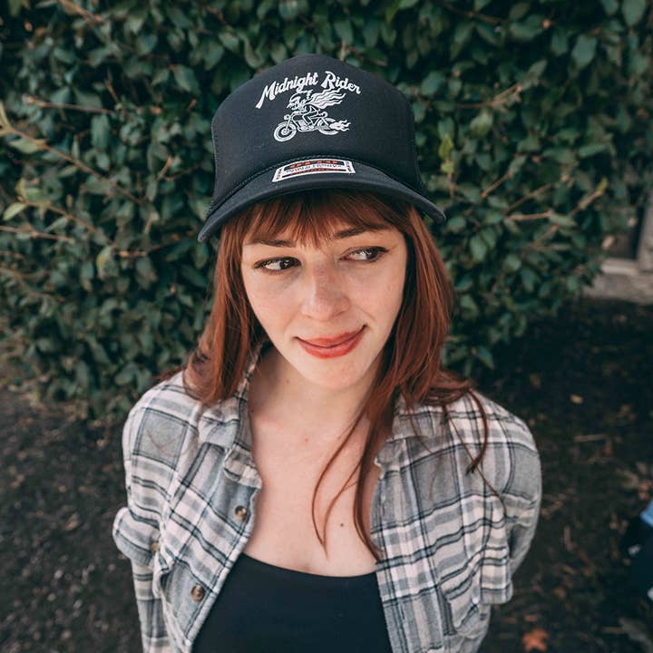 Hey Bear Outdoors - Wholesale Trucker Hat - Unisex - Dracula, Motorcycle - Midnight Rider - Black Mesh OTTO Hat3