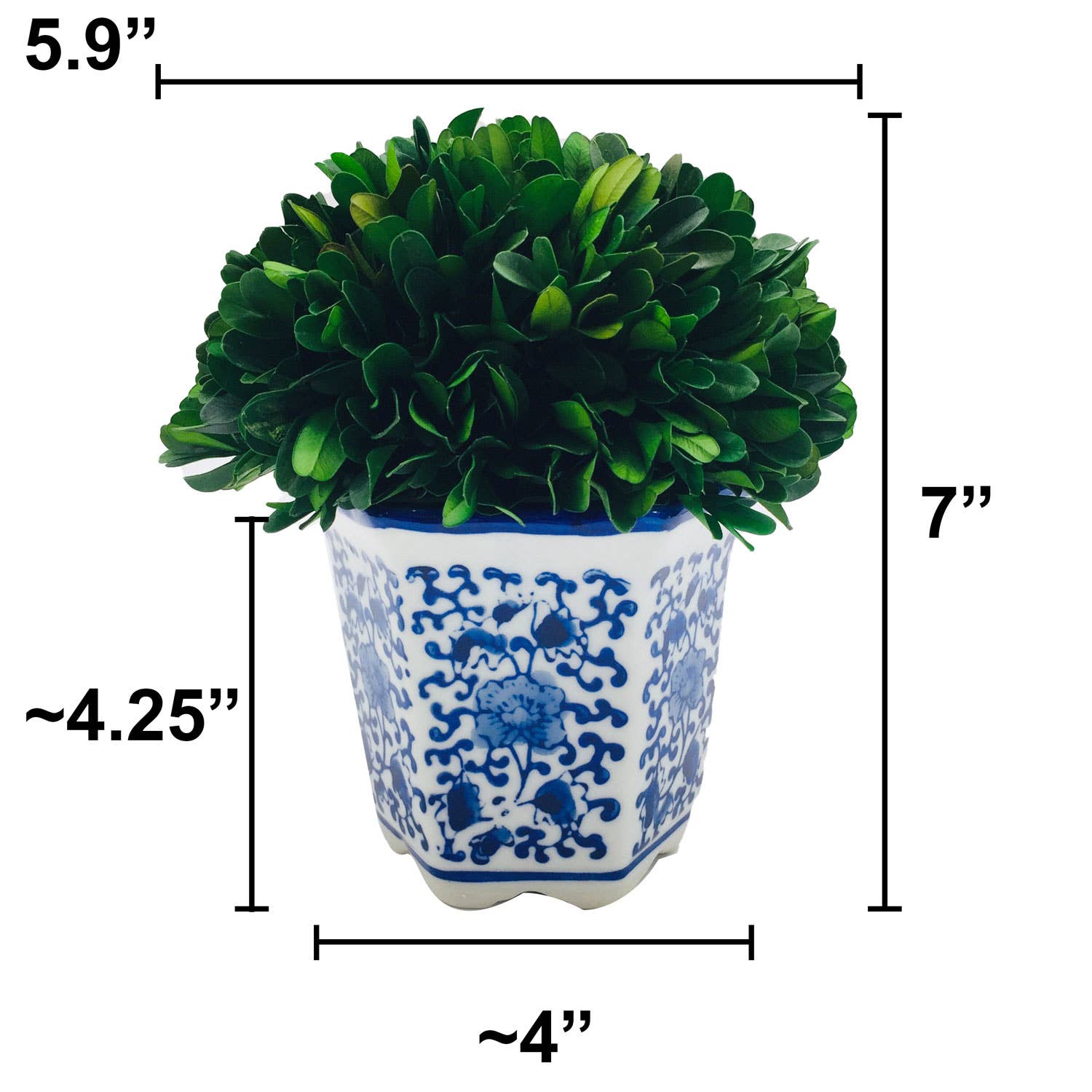 Galt International Company - Wholesale Artificial Plant - Boxwood Ball Topiary in Hexagon Blue & White Ceramic Pot3