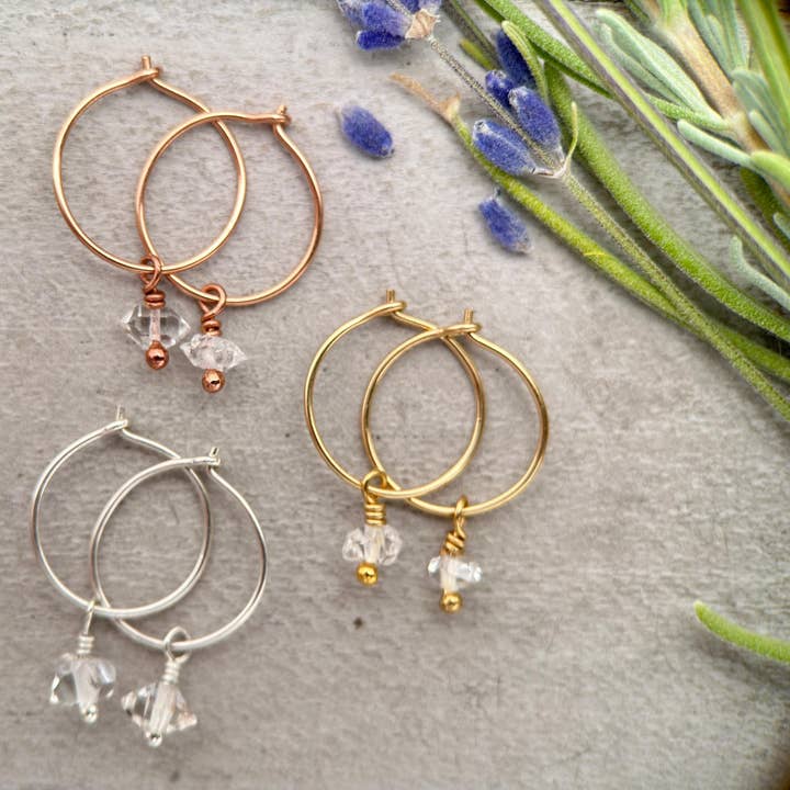 Brincos de Argola com Pingente de Diamante Herkimer Disponíveis em Prata de Lei 925 Sólida, Ouro Amarelo ou Rosa 14k Fill. por atacado de Sunlight Silver Jewelry