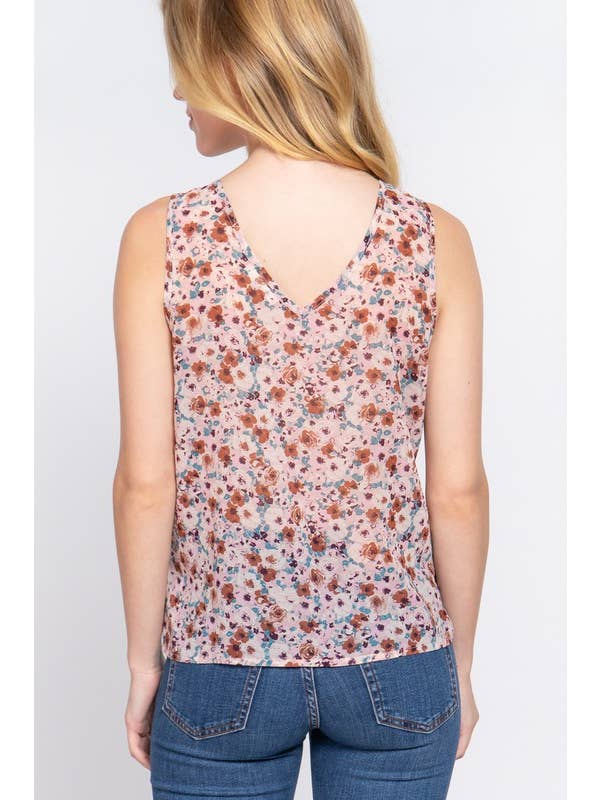 Active Basic | Active USA - Wholesale Blouse - Women's - Sleeveless Double V-neck Floral Printed Woven Top
