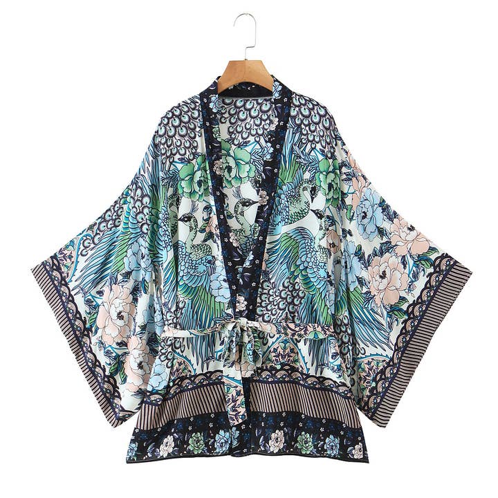 Rosa Clothing - Vente Kimono – femme - Kimono à nouer à la taille avec imprimé paon de plage bohème vibrant
