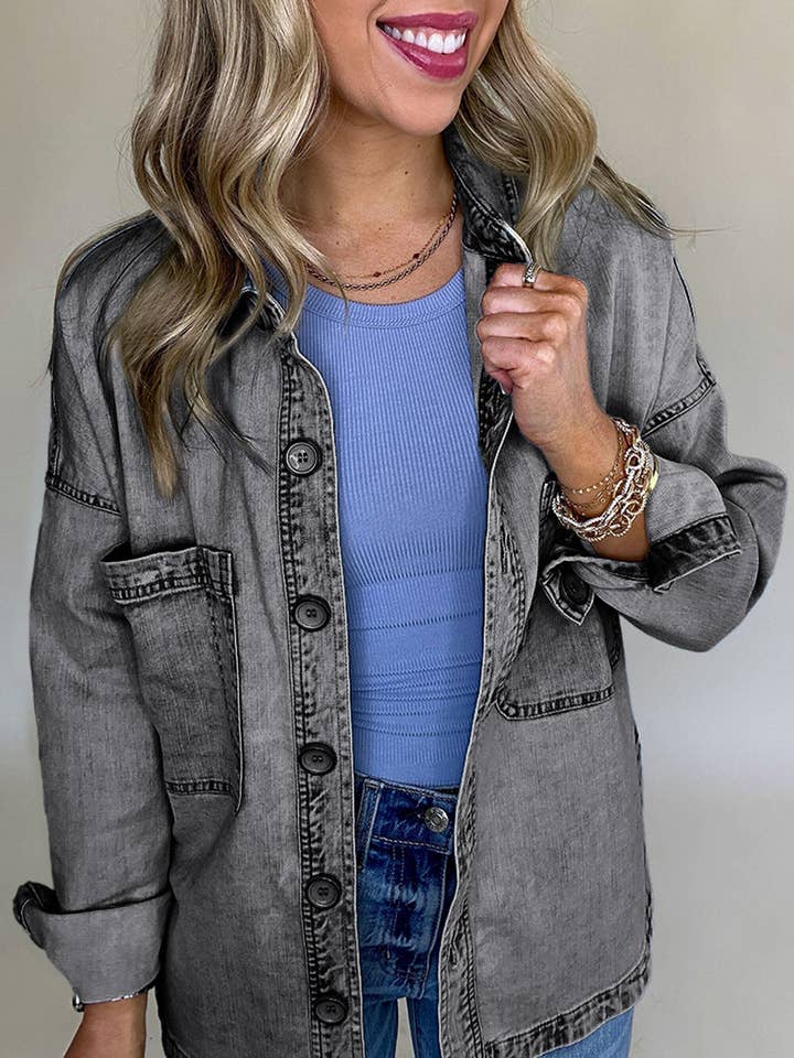 Giacca in denim con spacco tascabile con toppa color grigio medio con lavaggio minerale per la vendita all'ingrosso da parte di Lovesoft