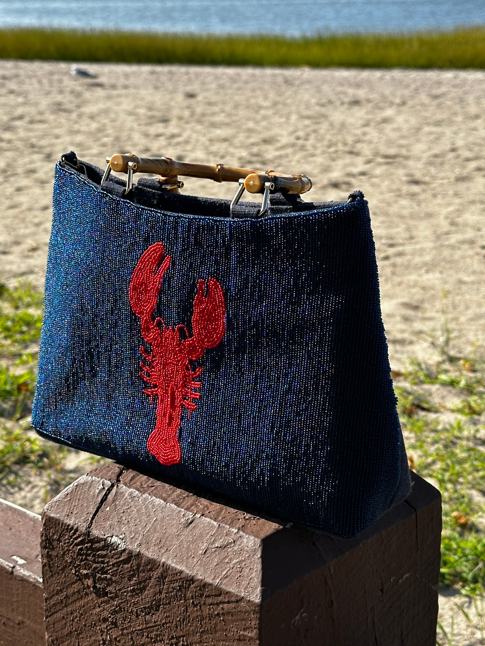 NAVY JANE - Wholesale Clutch Bag - Women's - Falmouth Navy Beaded Purse With Red Lobster Design1