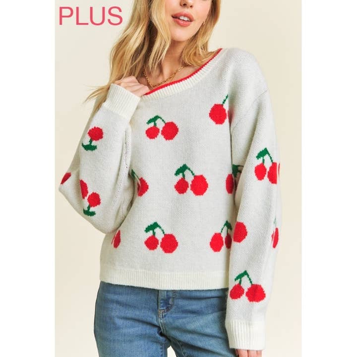 9695X CUTE CHERRY JACQUARD CASUAL PULLOVER SWEATER for wholesale by Coloring You
