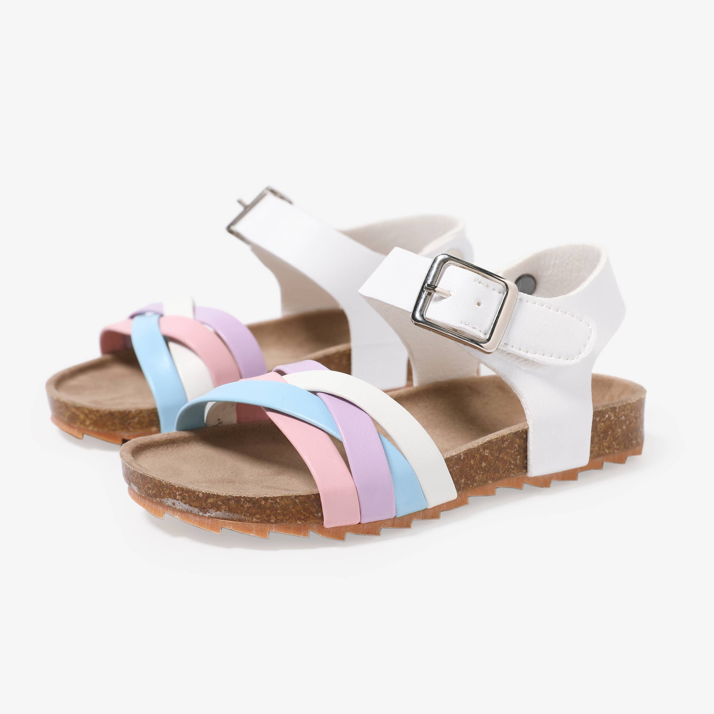 White Toddler/ Kid Girl Casual Stripe Cork Sole Buckle Sandals for wholesale on Faire4