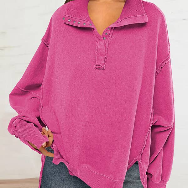 Long Sleeves Loose Buttoned Solid Color Split-Front Lapel Sweatshirt Tops for wholesale by Sheer Trend