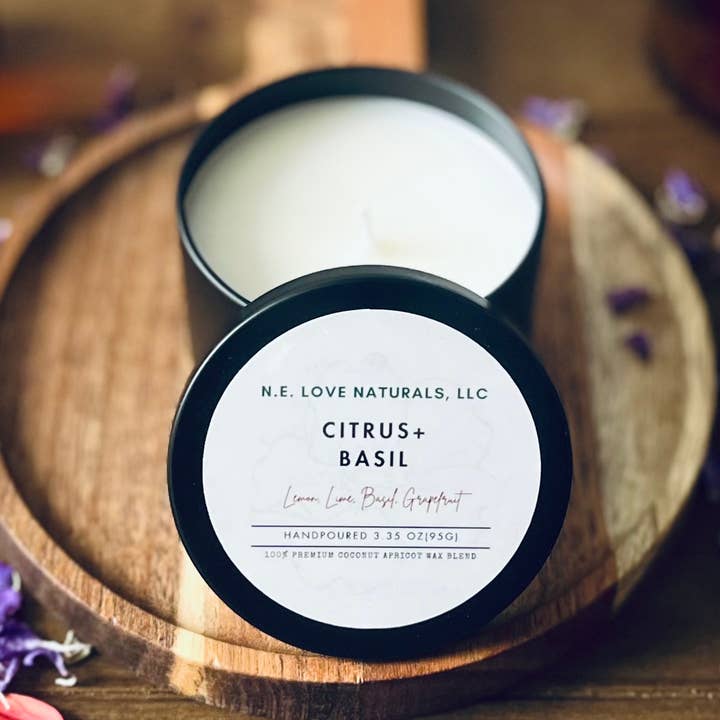 Citrus+ Basil | Coconut Apricot Soy Candle in Travel Tin for wholesale by N. E. Love Naturals, LLC