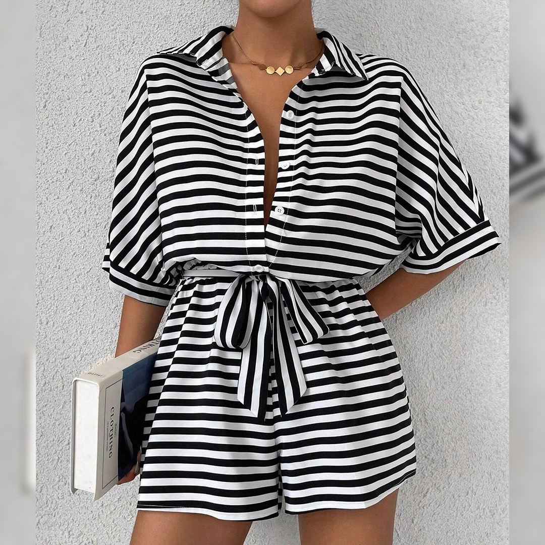 UNISHE - Wholesale Romper - Women's - Summer Striped Lapel Button-Up Belted Shorts Romper AXR1298